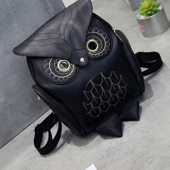 salina Handbags - Goth Style Black Owl Design Backpack Bag